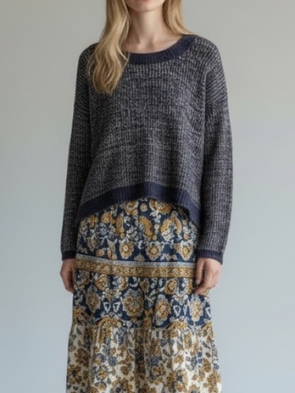 Vintage y2k muted blue tan open weave Lace back sweater spring knit boho